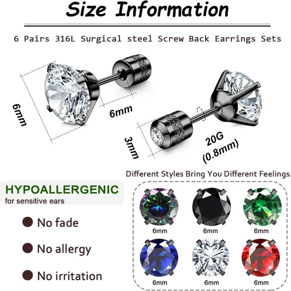 Set of 6 Black Screw Back CZ Stud Earrings for Women and Men, Hypoallergenic 316 - Picture 2 of 9